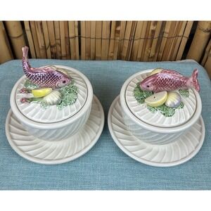 VTG Fitz Floyd Pink Fish Cream Soup Bowls Lids Ironstone Discontinued Set Of 2
